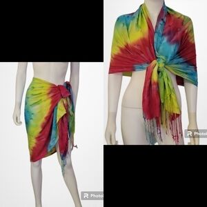 PASHMIRE Kidcore Tie Dye Fringe Wrap Sarong Shawl